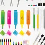 Pencil, pen, crayon, pencil sharpener, scissors, pen, rubber